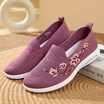 Женские повседневные сетчатые туфли без шнуровки на плоской подошве с цветочным принтом, модные женские кроссовки, мягкие удобные прогулочные туфли, легкие дышащие кроссовки 36 чёрный