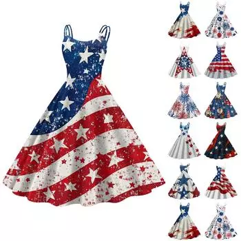 Женские повседневные сексуальные панк-винтажные платья без бретелек с принтом «День независимости» S синий