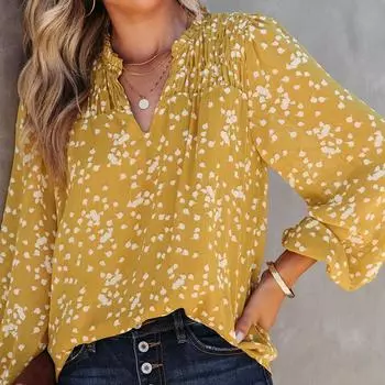 2025 Весна Лето Новый женский пригородный топ - V-образный вырез с длинным рукавом и принтом в горошек, блузка со сборками, повседневные шифоновые блузки, топы в стиле бохо S чёрный