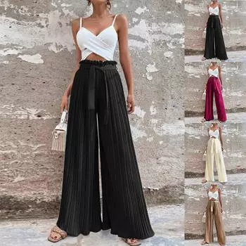 Женские повседневные шифоновые брюки с ленточным галстуком, свободные плиссированные широкие брюки XL бежевый