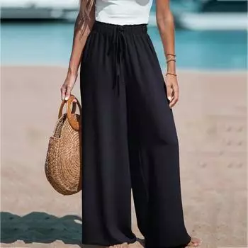 Женские повседневные широкие брюки Элегантные брюки Длинные брюки с поясом Широкие прямые брюки XXL чёрный