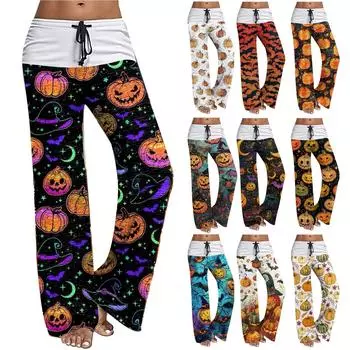 Женские повседневные широкие брюки на шнуровке, повседневные брюки с принтом на Хэллоуин