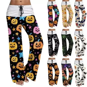 Женские повседневные широкие брюки на шнуровке, повседневные брюки с принтом на Хэллоуин