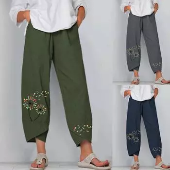 Женские повседневные широкие брюки с эластичным поясом на талии, брюки из хлопка и льна L синий