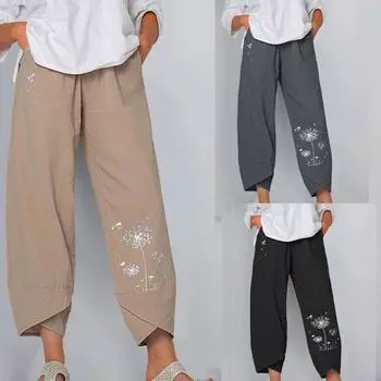 Женские повседневные широкие брюки с эластичным поясом на талии, брюки из хлопка и льна L чёрный