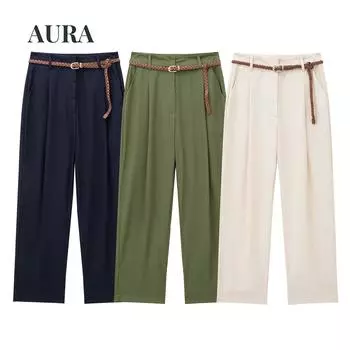 Женские повседневные широкие брюки с боковыми карманами и поясом на молнии с высокой талией, женские брюки до щиколотки