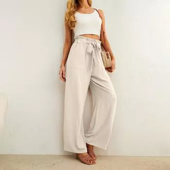 Женские повседневные широкие брюки с карманами, легкие, с высокой талией, регулируемые, с завязками, свободные брюки L бежевый