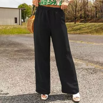 Женские повседневные широкие брюки с карманами, модные свободные брюки из хлопка и льна L чёрный