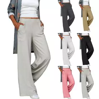 Женские повседневные широкие брюки с карманами, модные свободные брюки из хлопка и льна XL бежевый