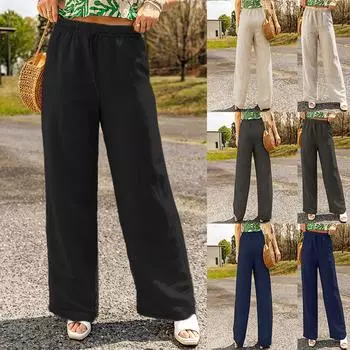 Женские повседневные широкие брюки с карманами, модные свободные брюки из хлопка и льна L чёрный