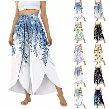 Женские повседневные широкие брюки с высокой талией и эластичным поясом с принтом, брюки с разрезом по краю и без карманов M фиолетовый