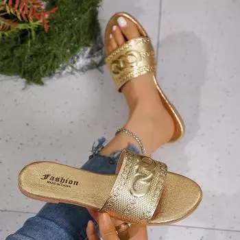Женские повседневные шлепанцы, женские кожаные тапочки, женские туфли, сандалии на плоской подошве с открытым носком, золотисто-серебряные пляжные тапочки, туфли на плоской подошве 36