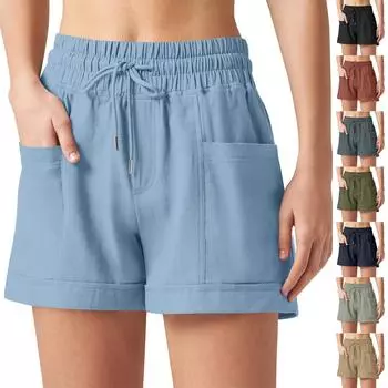 Женские повседневные шорты из хлопка и льна с квадратным карманом и эластичной талией на шнурке L белый