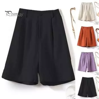Женские повседневные шорты с высокой талией и широкими штанинами, шорты с эластичной резинкой на талии и застежкой-молнией, прямые широкие шорты, рабочая одежда L темно-оранжевого
