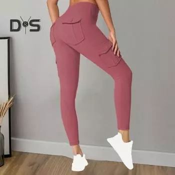 Женские повседневные штаны для йоги с высокой талией, спортивные брюки с контролем живота, однотонные дизайнерские эластичные леггинсы с несколькими карманами L светло-синий