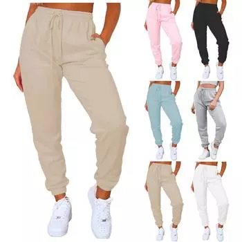 Женские повседневные спортивные брюки для бега с эластичной лентой на шнурке и карманами S хаки