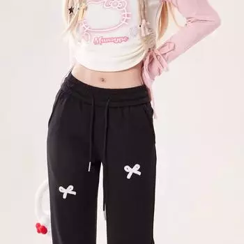 Женские повседневные спортивные брюки с бантом и микро-утяжкой, осень 2024 года, с высокой талией, универсальные, со шнуровкой, разрезом, прямые XL чёрный
