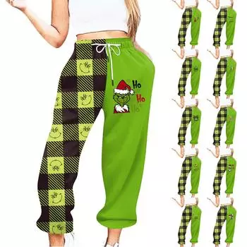 Женские повседневные спортивные брюки с принтом рождественской шапки Санты, брюки с эластичной резинкой на талии L армия зеленый