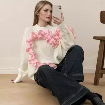 Женские повседневные свитера с длинным рукавом на осень-зиму, с круглым вырезом, ребристым трикотажем, с 3D-цветочным принтом, свободные пуловеры, топы, легкий свитер, джемпер для женщин one size