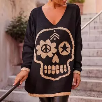 Женские повседневные свитера Уличные свитера Вязаные свитера Ретро-рисунок Аниме Череп Хип-хоп Вязаный узор Винтажный пуловер XL чёрный