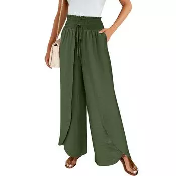 Женские повседневные свободные брюки из хлопка и льна с перекрестной резинкой L армия зеленый