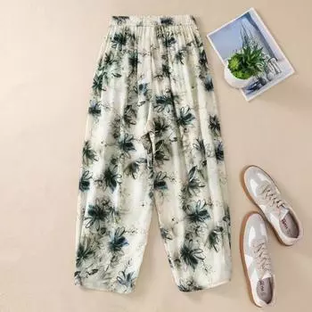 Женские повседневные свободные брюки с винтажным цветочным принтом и эластичной резинкой на талии, шаровары L зелёный