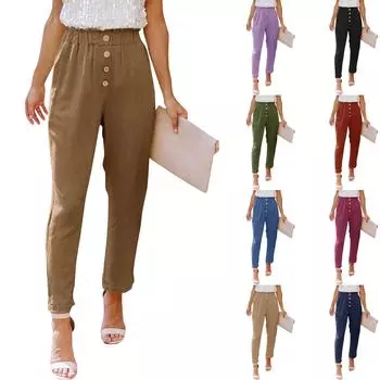 Женские повседневные свободные брюки, удобные рабочие брюки Seven Points с карманами, эластичные брюки с высокой талией и карманами из бумажного мешка L армия зеленый