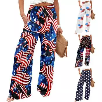 Женские повседневные свободные длинные брюки из хлопка и льна с высокой талией и широкими штанинами на День независимости с карманами S тёмно-синий