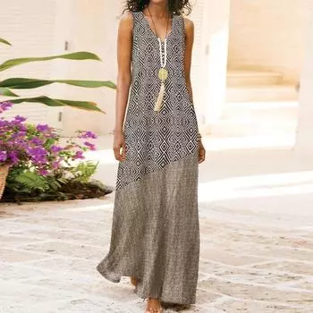 Женские повседневные свободные длинные макси-платья с длинным рукавом и v-образным вырезом с принтом кафтан с пышными рукавами S чёрный