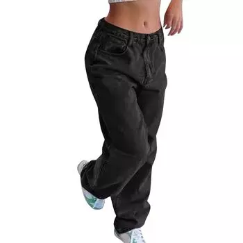 Женские повседневные свободные джинсовые брюки в стиле ретро L чёрный