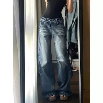 Женские повседневные свободные джинсы с высокой талией, винтажные мешковатые джинсы с широкими штанинами 2000 года, уличные корейские расклешенные брюки больших размеров XL синий