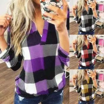 Женские повседневные свободные фланелевые клетчатые рубашки с V-образным вырезом и длинными рукавами, блузки, пуловеры, топы 3XL фиолетовый