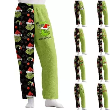 Женские повседневные свободные фланелевые спальные брюки с рождественским принтом, плюшевые повседневные брюки, удобные спальные брюки L армия зеленый