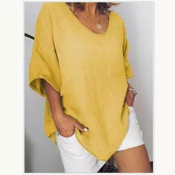 Женские повседневные свободные футболки, летние рубашки с круглым вырезом, короткий рукав, топ больших размеров, хлопковая льняная рубашка S жёлтый