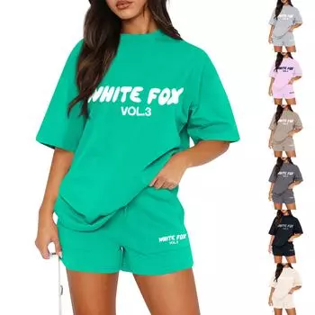 Женские повседневные свободные футболки с принтом и шорты, комплект L бежевый