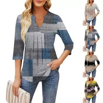 Женские повседневные свободные футболки с рукавом семь четвертей с v-образным вырезом на груди и рюшами с принтом, топы L чёрный