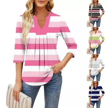 Женские повседневные свободные футболки с рукавом семь четвертей с v-образным вырезом на груди и рюшами с принтом, топы L