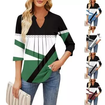 Женские повседневные свободные футболки с рукавом семь четвертей с v-образным вырезом на груди и рюшами с принтом, топы L чёрный