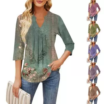 Женские повседневные свободные футболки с рукавом семь четвертей с v-образным вырезом на груди и рюшами с принтом, топы L темно-зеленого