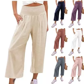 Женские повседневные свободные хлопковые льняные брюки с 9 брюками и широкими штанинами с карманами S тёмно-синий