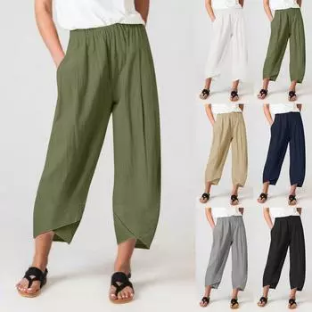 Женские повседневные свободные хлопковые льняные брюки с 7 брюками и широкими штанинами с карманами L зелёный