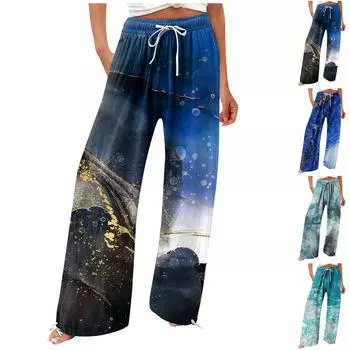 Женские повседневные свободные хлопковые льняные брюки с 9 брюками и широкими штанинами с карманами XXXL синий