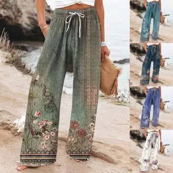 Женские повседневные свободные хлопковые льняные широкие брюки с высокой талией и длинными брюками с карманами L синий