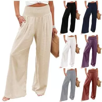 Женские повседневные свободные хлопковые льняные широкие брюки с высокой талией и длинными брюками с карманами L чёрный