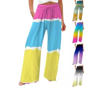 Женские повседневные свободные хлопковые льняные широкие брюки с высокой талией и длинными брюками с карманами XL чёрный