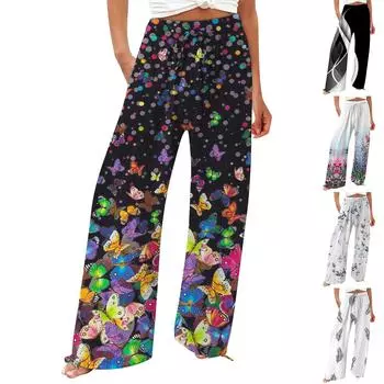 Женские повседневные свободные хлопковые льняные широкие брюки с высокой талией и длинными брюками с карманами M чёрный