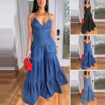 Женские повседневные свободные комбинезоны, цельные комбинезоны без рукавов, струящиеся брюки, летние сексуальные комбинезоны с бретелью через шею и открытой спиной, широкие штанины S темно-синий
