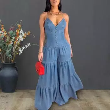 Женские повседневные свободные комбинезоны, цельные комбинезоны без рукавов, струящиеся брюки, летние сексуальные комбинезоны с бретелью через шею и открытой спиной, широкие штанины M чёрный