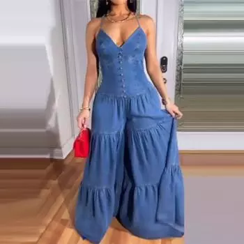 Женские повседневные свободные комбинезоны Yousheng, цельные комбинезоны без рукавов, струящиеся брюки, летние сексуальные широкие комбинезоны с открытой спиной и бретельками через шею S светло-синий