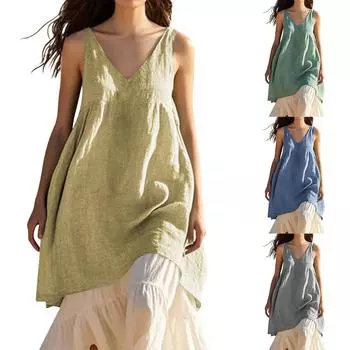 Женские повседневные свободные модные безрукавные хлопковые льняные однотонные пляжные платья с V-образным вырезом L